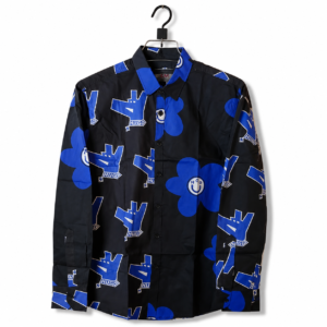 Bold Blue Flower & Typographic Print Long-Sleeve Shirt